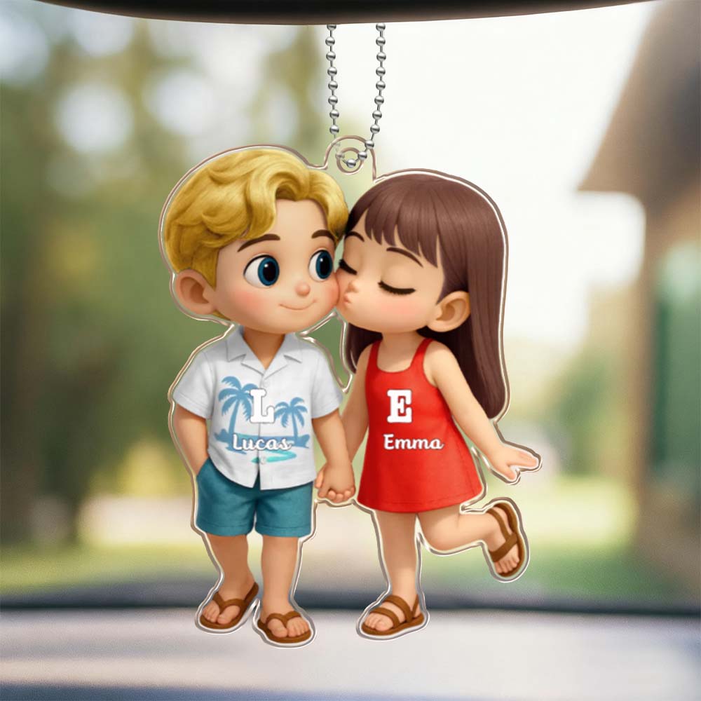 Personalized Name Hawaiian Style Acrylic Car Hanger Cute Couple Kissing Moment