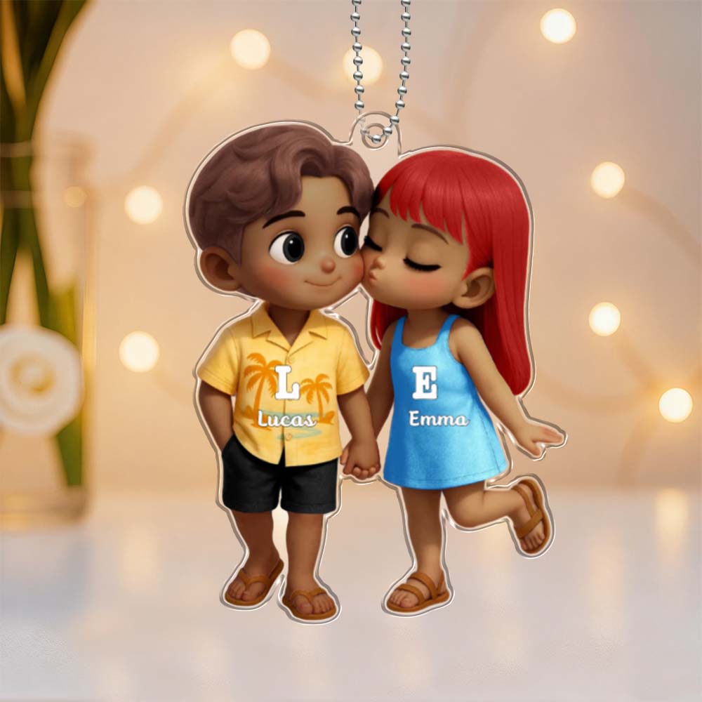 Personalized Name Hawaiian Style Acrylic Car Hanger Cute Couple Kissing Moment