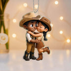Personalized Name Denim Style Acrylic Car Hanger Cute Couple Kissing Moment