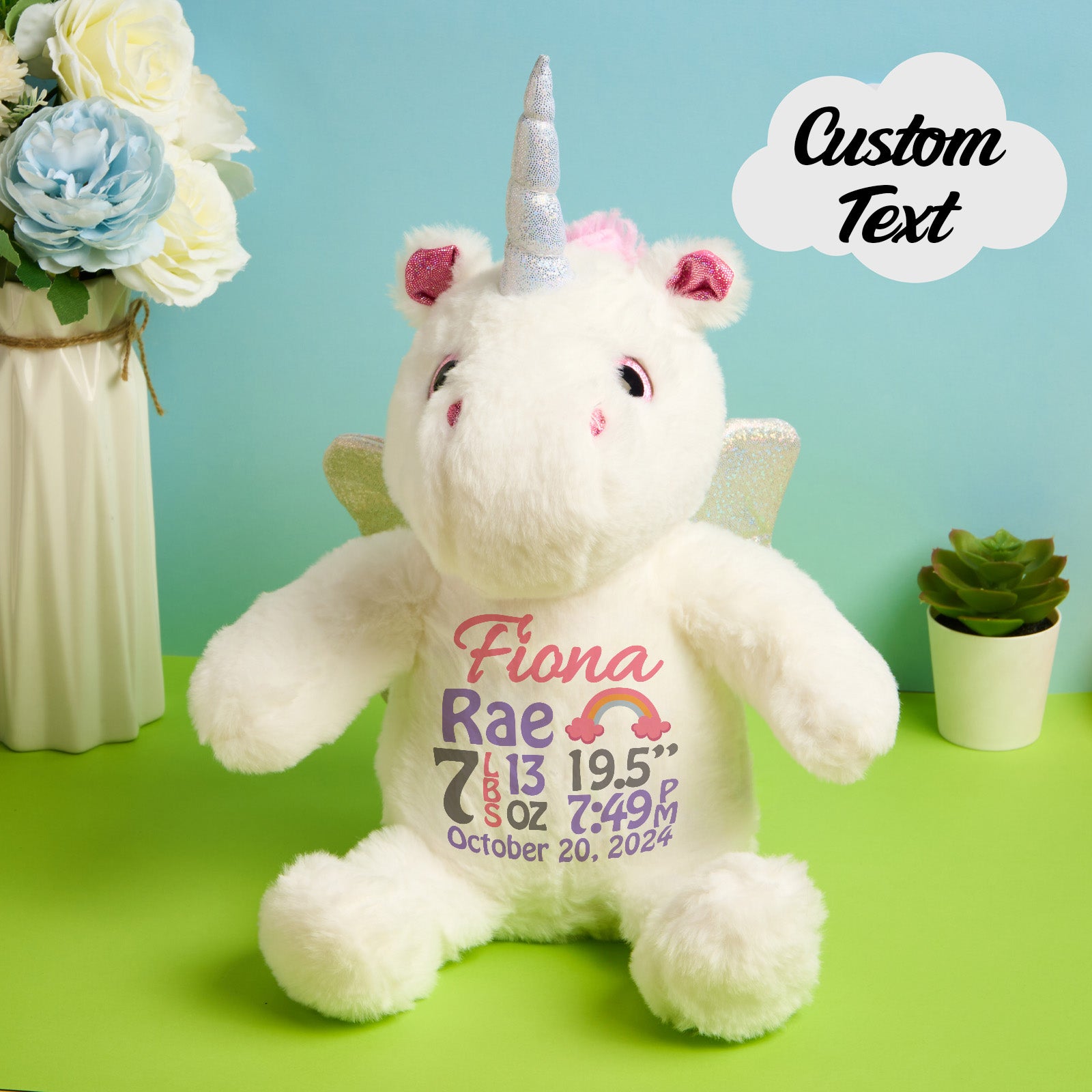Personalized Unicorn Plush Stuffed Animal Birth Announcement