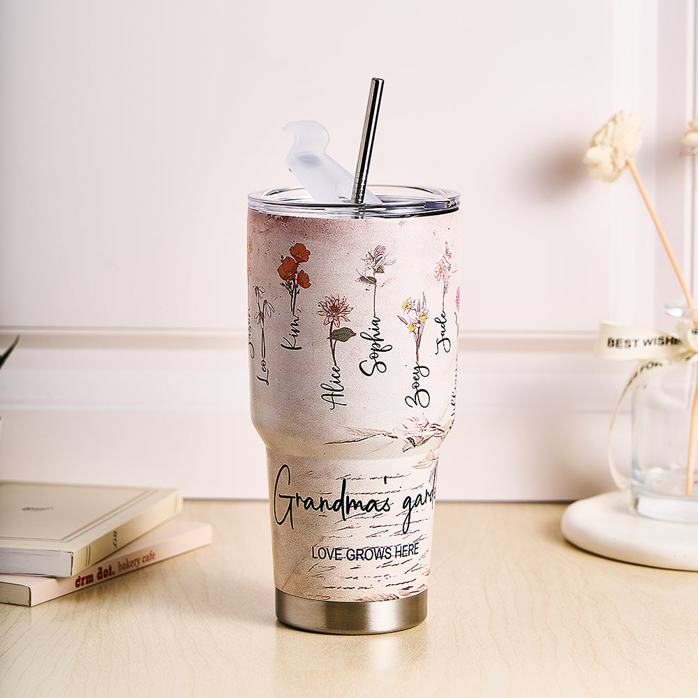 Custom 30oz Insulated Tumbler with Watercolor Birth Flower Name Text