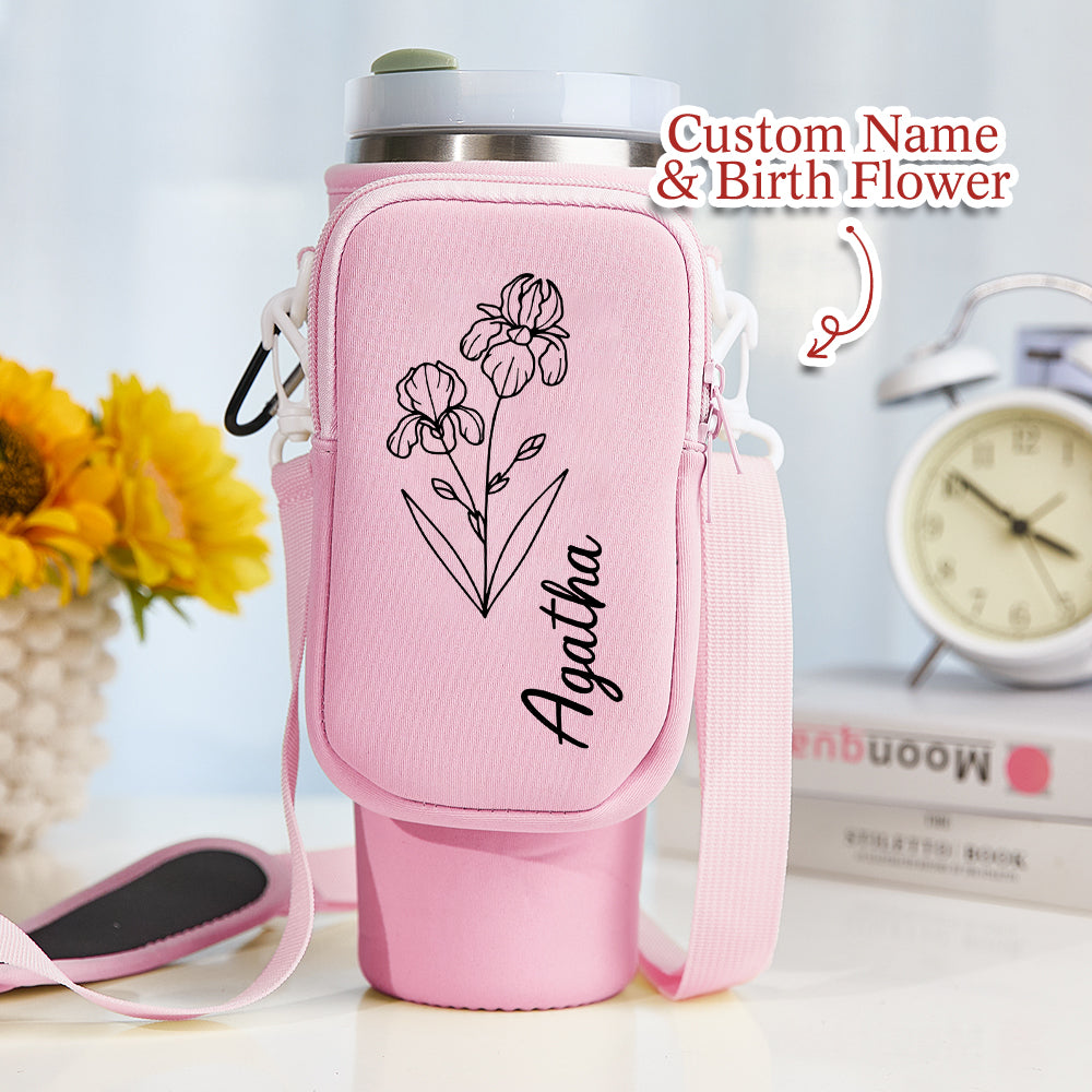 40oz Personalized Birth Flower Waterproof Bottle Carrier Bag