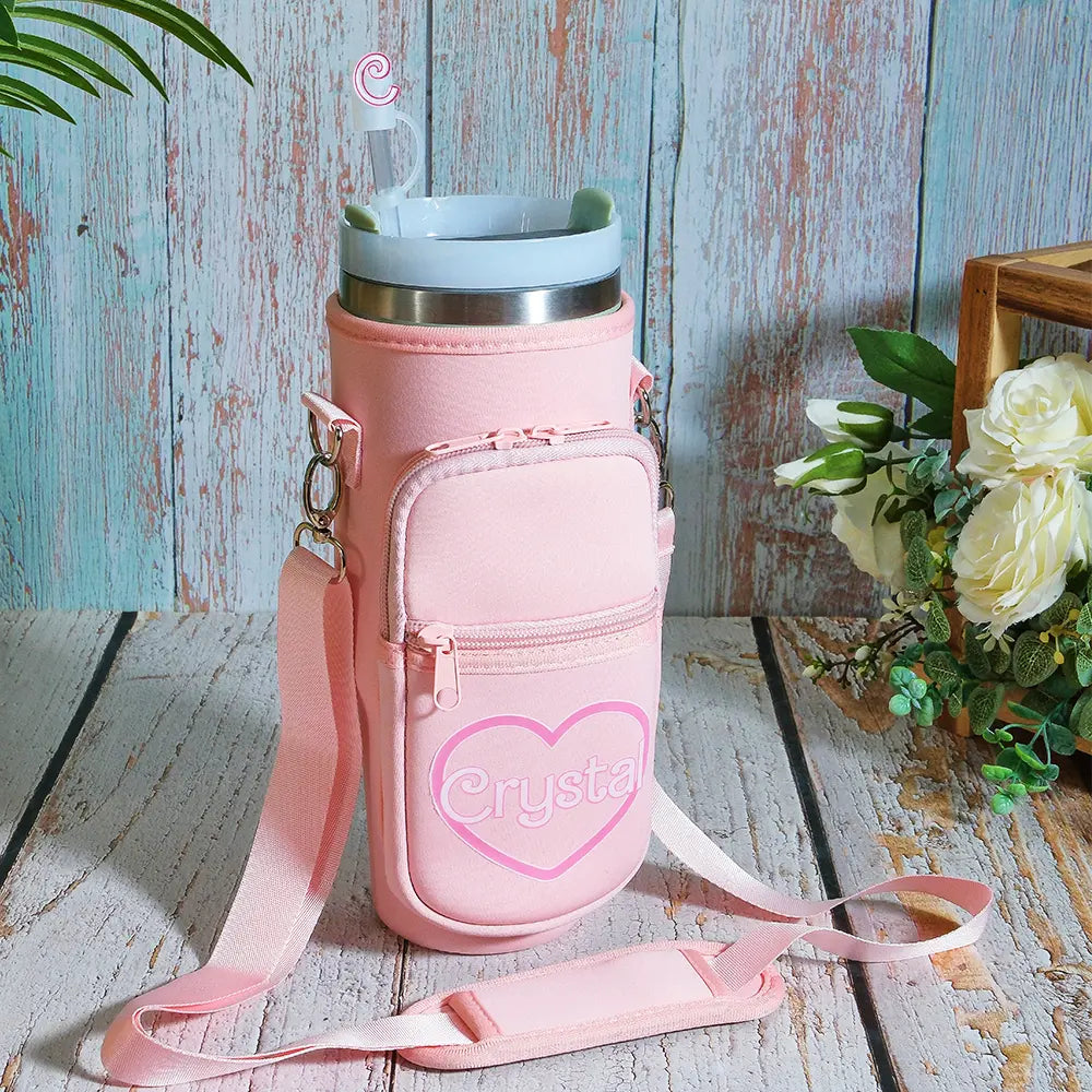 Personalized Water Bottle Carrier Bag for 40oz Stanley Tumbler with Straw Topper Pouch