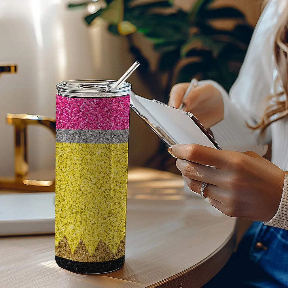 Personalized Glitter Apple 20oz Skinny Tumbler with Straw