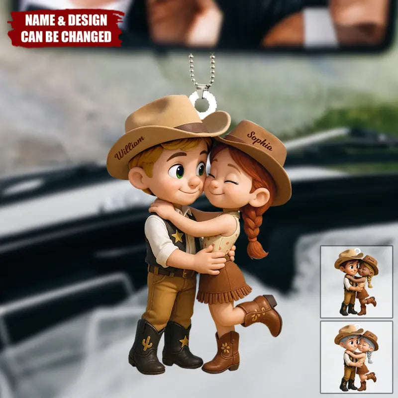 Personalized Name Denim Style Acrylic Car Hanger Cute Couple Kissing Moment