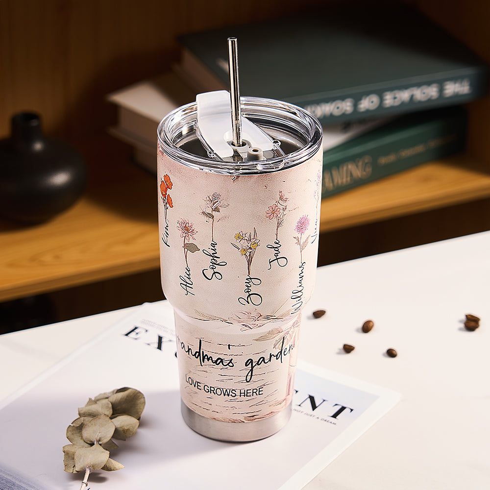 Custom 30oz Insulated Tumbler with Watercolor Birth Flower Name Text