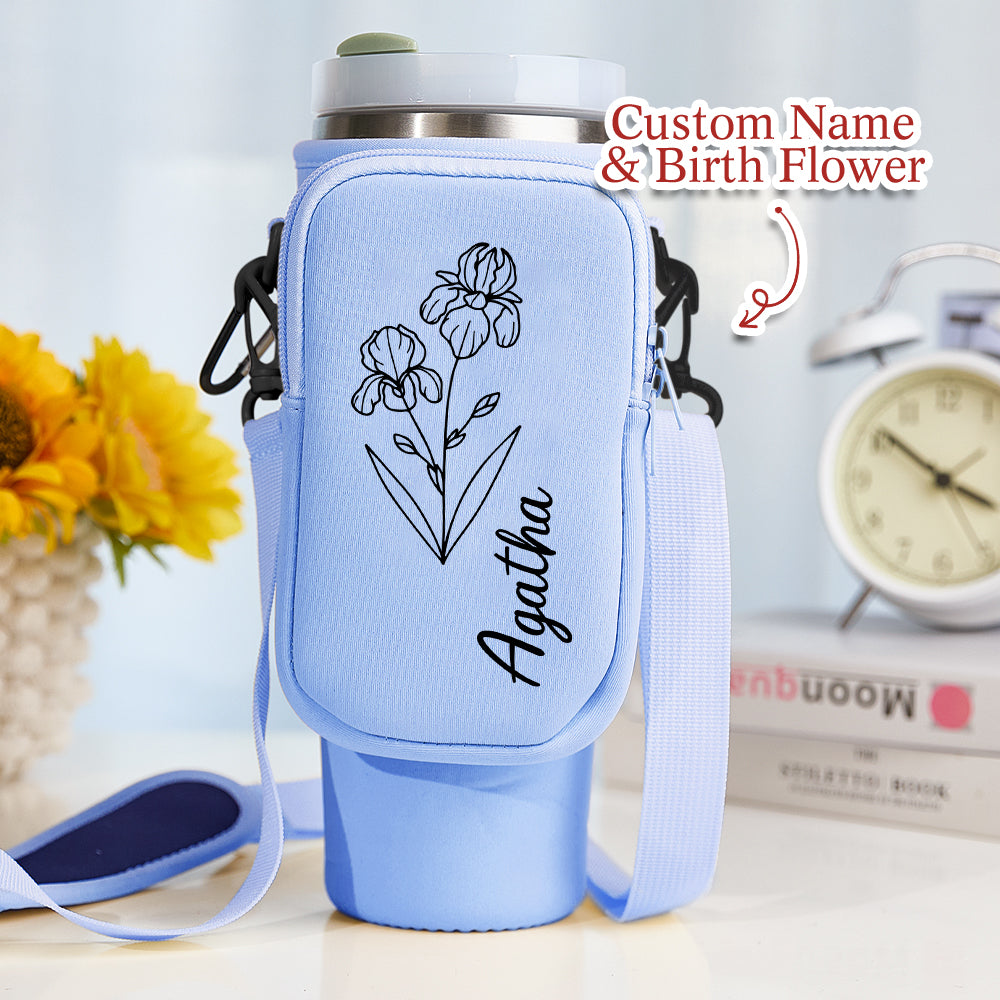 40oz Personalized Birth Flower Waterproof Bottle Carrier Bag