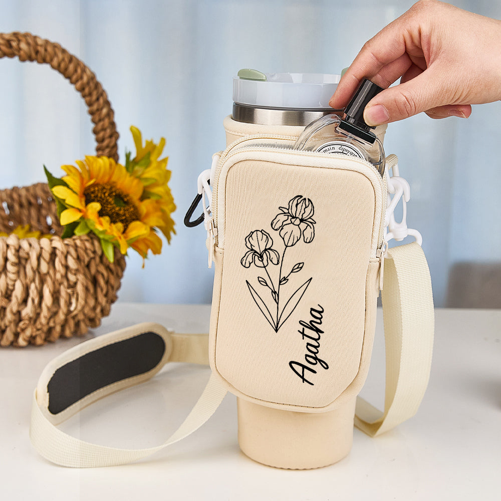 40oz Personalized Birth Flower Waterproof Bottle Carrier Bag