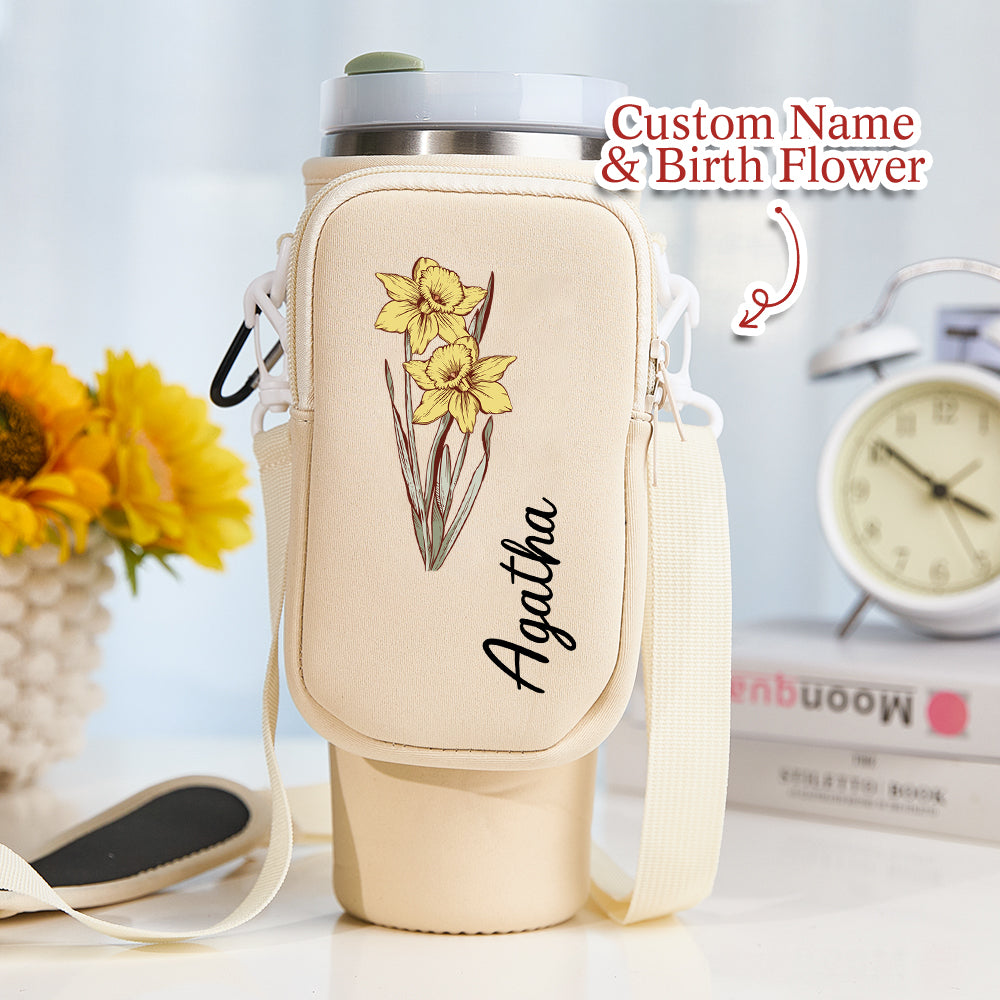 40oz  Personalized Birth Flower Waterproof Bottle Carrier Bag