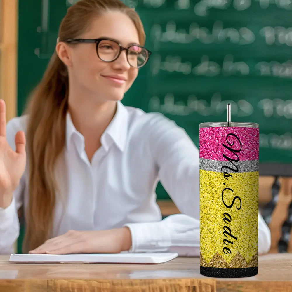 Personalized Glitter Apple 20oz Skinny Tumbler with Straw