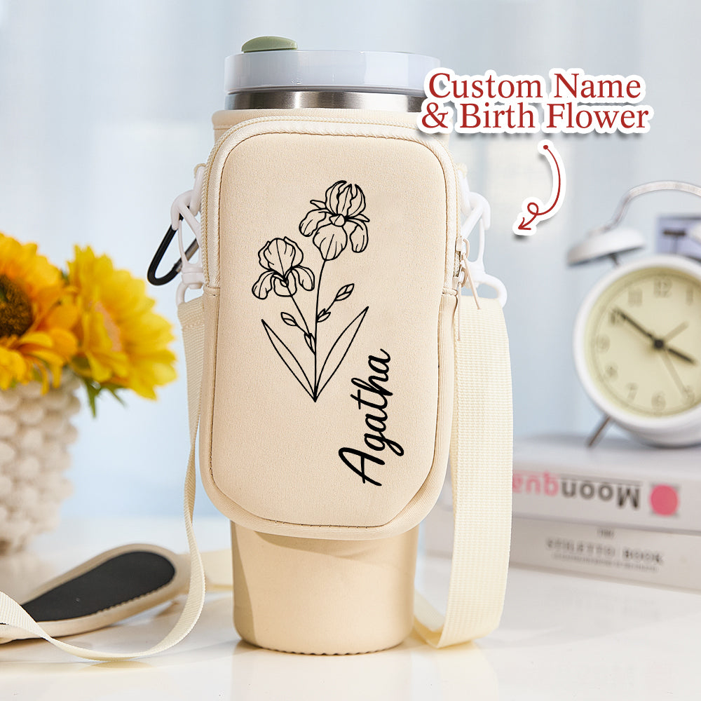 40oz Personalized Birth Flower Waterproof Bottle Carrier Bag