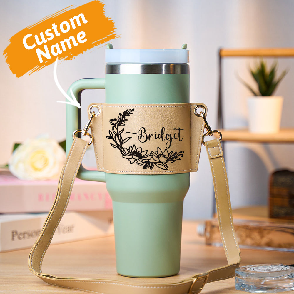 40oz Personalized Floral Pattern Water Bottle Carrier Bag