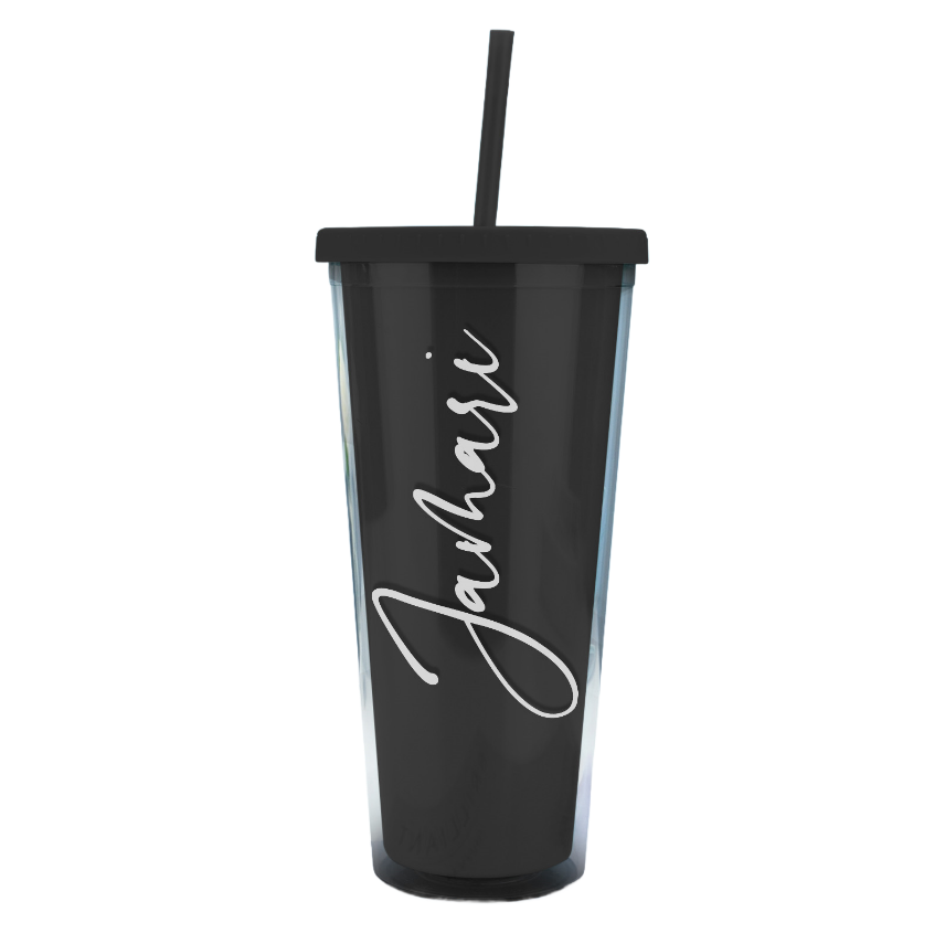 Personalized Name Black Plastic Tumbler with Straw
